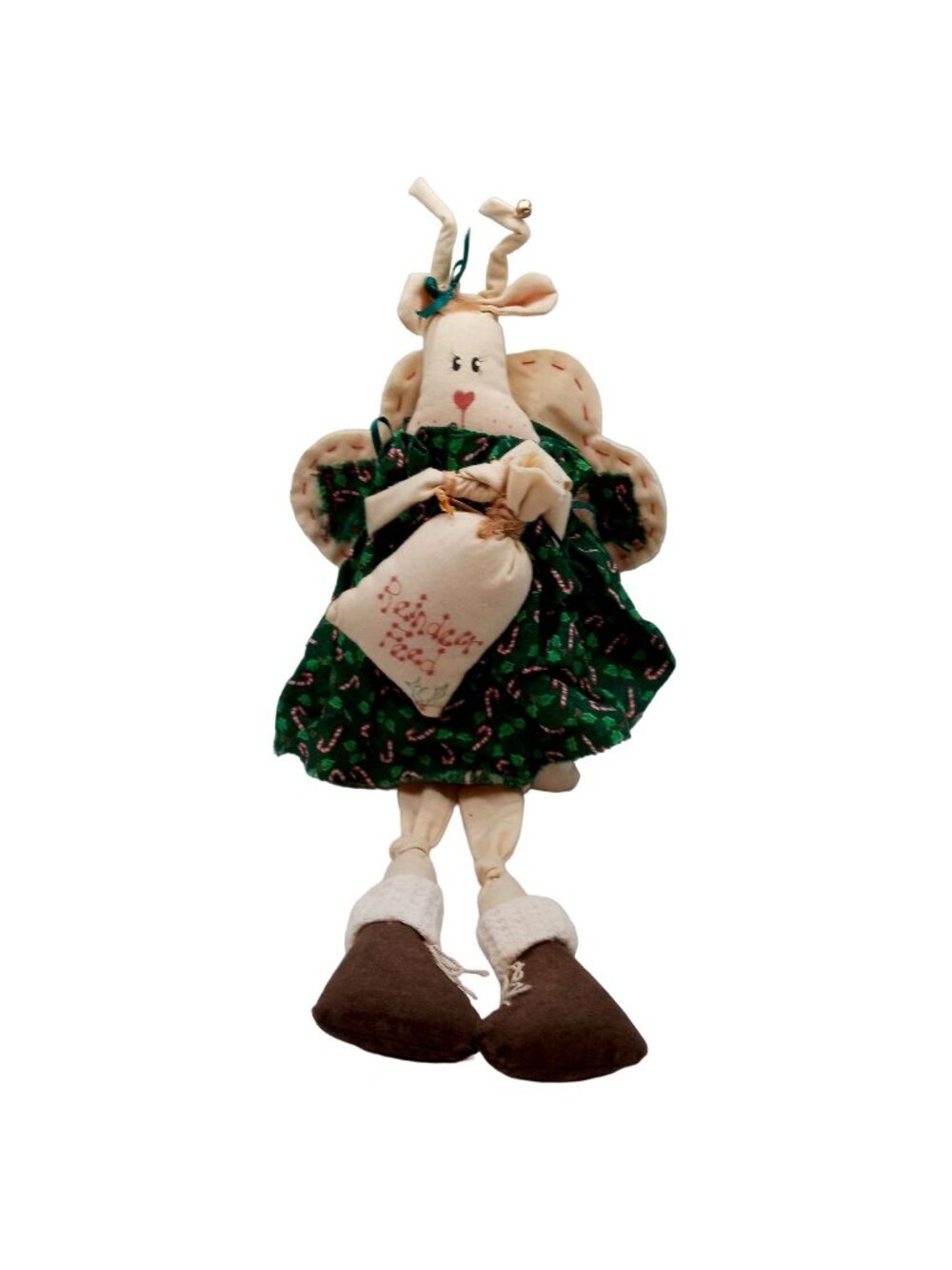 Vintage Reindeer Cloth Sculpture Doll Shelf Sitter Christmas Candy Cane Dress